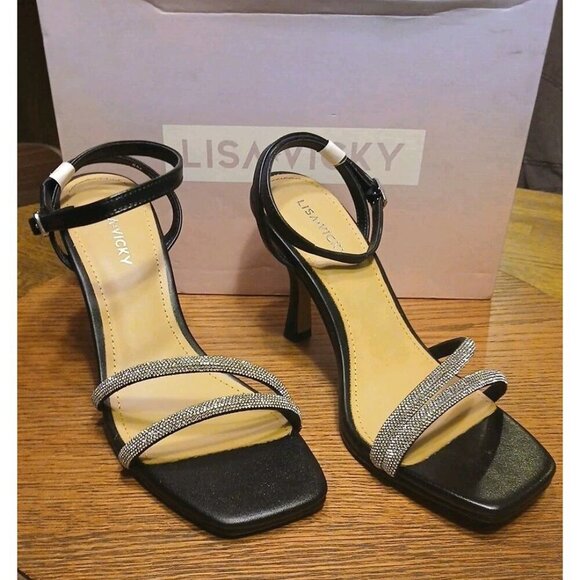 Lisa Vicky Ankle Strap Heels Black And Silver Gem–V Size 8 Chic Stylish Open Toe - Picture 1 of 7